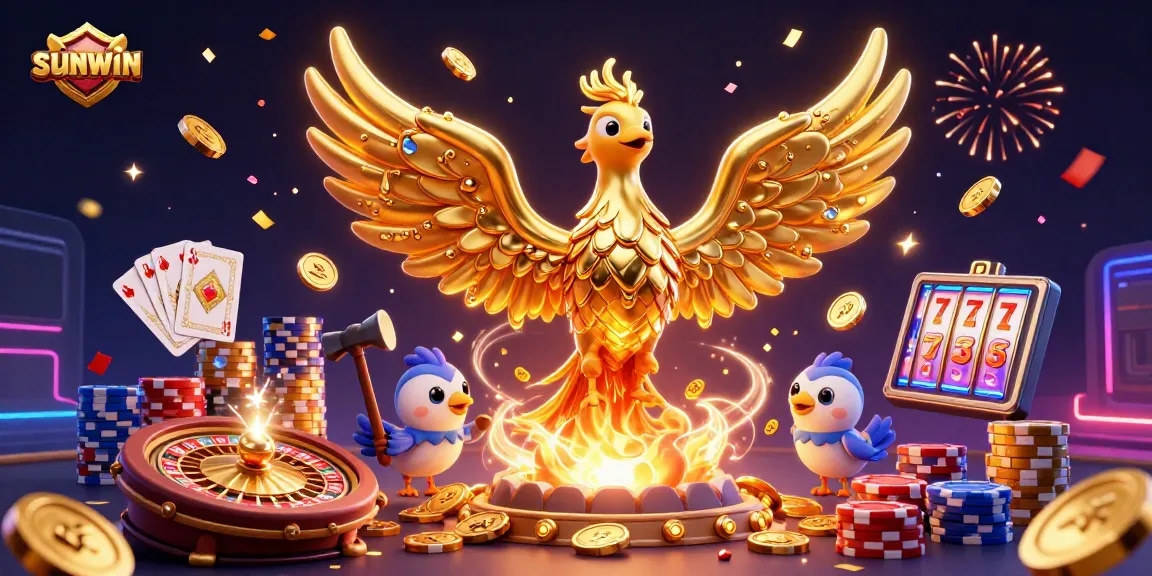Experience the thrill of sunwin with a golden phoenix, coins flying, and vibrant casino elements.