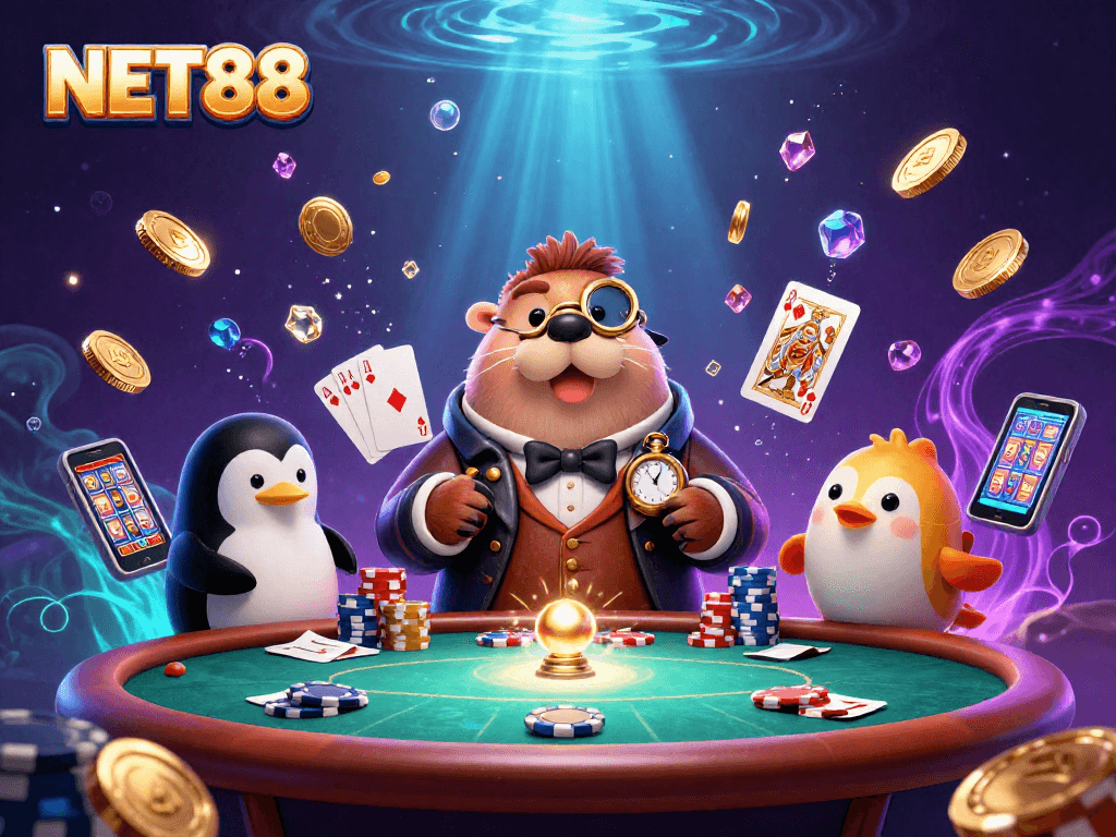 NET88-themed 3D cartoon scene with a jolly walrus and poker game dynamics.