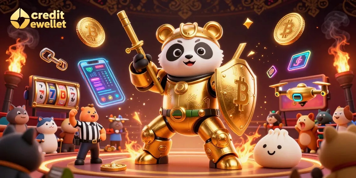 Win dynamic rewards with the free credit ewallet in a vibrant casino illustration featuring a panda mech.