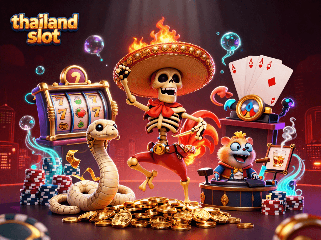 Engaging thailand slot scene with vibrant characters dancing on golden coins, showcasing thrilling slot action.