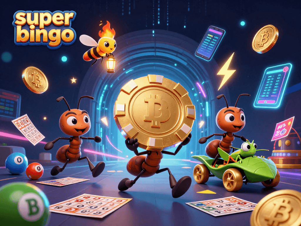 Join the game of super bingo with exciting numbered balls and bingo cards amidst vibrant casino elements.