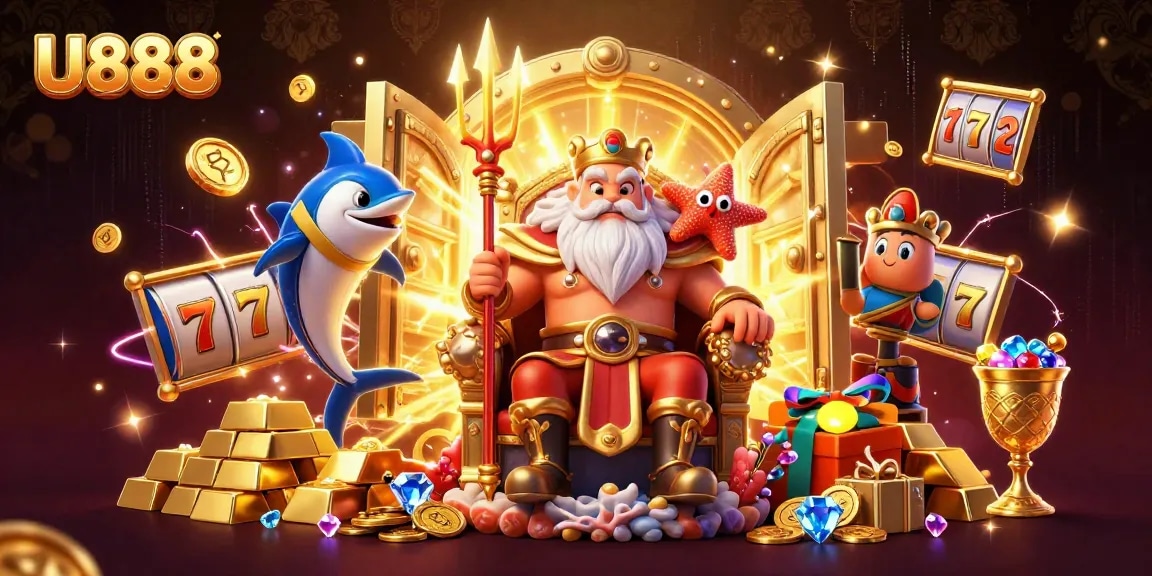 Spin the slots at U888 with Neptune, treasure, and vibrant casino visuals.