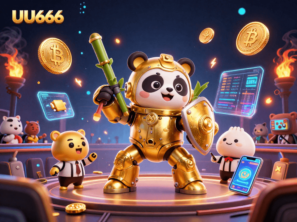 Experience the thrilling action of UU666 in a vibrant 3D casino illustration showcasing dynamic characters and elements.