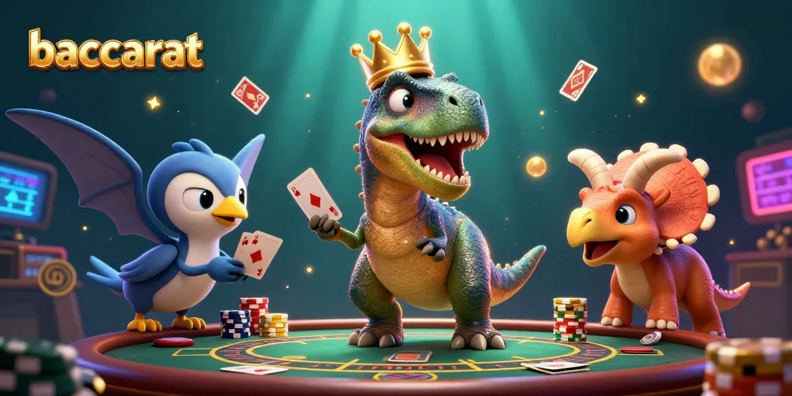 Experience the excitement of baccarat with a T-Rex card dealer in a vibrant casino scene.