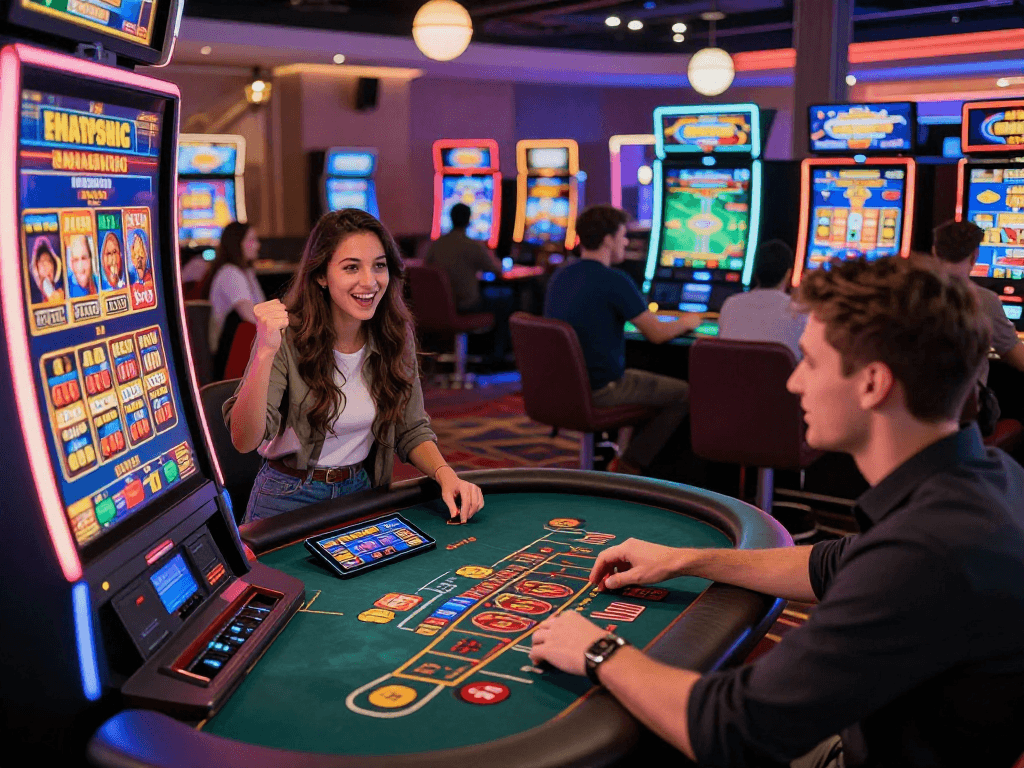 Exciting scene at non UK casinos showcasing players enjoying vibrant slot machines, live dealer games, and dynamic gaming atmosphere.