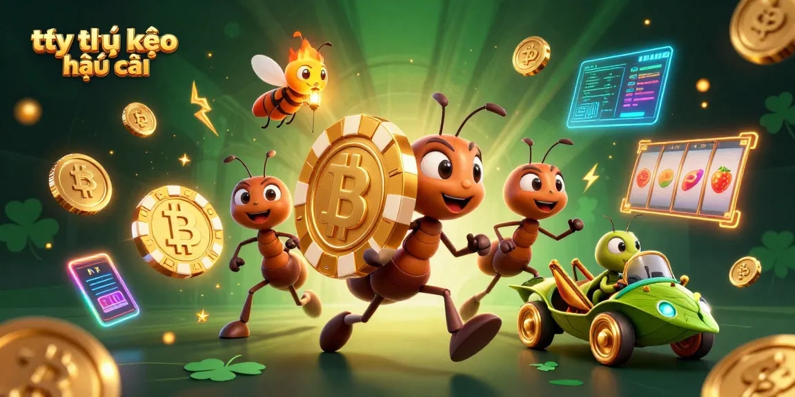 Experience the excitement of tỷ lệ kèo nhà cái with a vibrant heist scene featuring ants and golden poker chips.