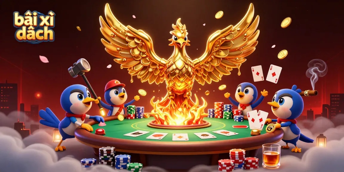 Join the exciting game of bài xì dách with a golden phoenix and poker elements in a vibrant casino scene.