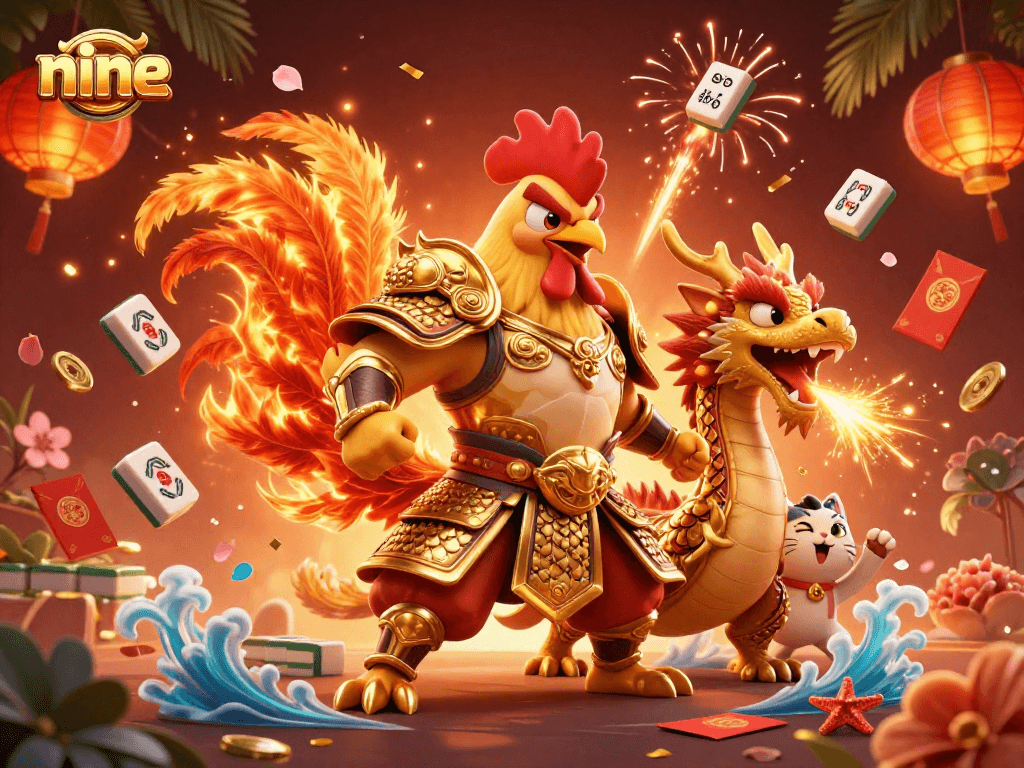 Engage with nine in thrilling gameplay featuring a fighting rooster and dragon in a dynamic casino setting.