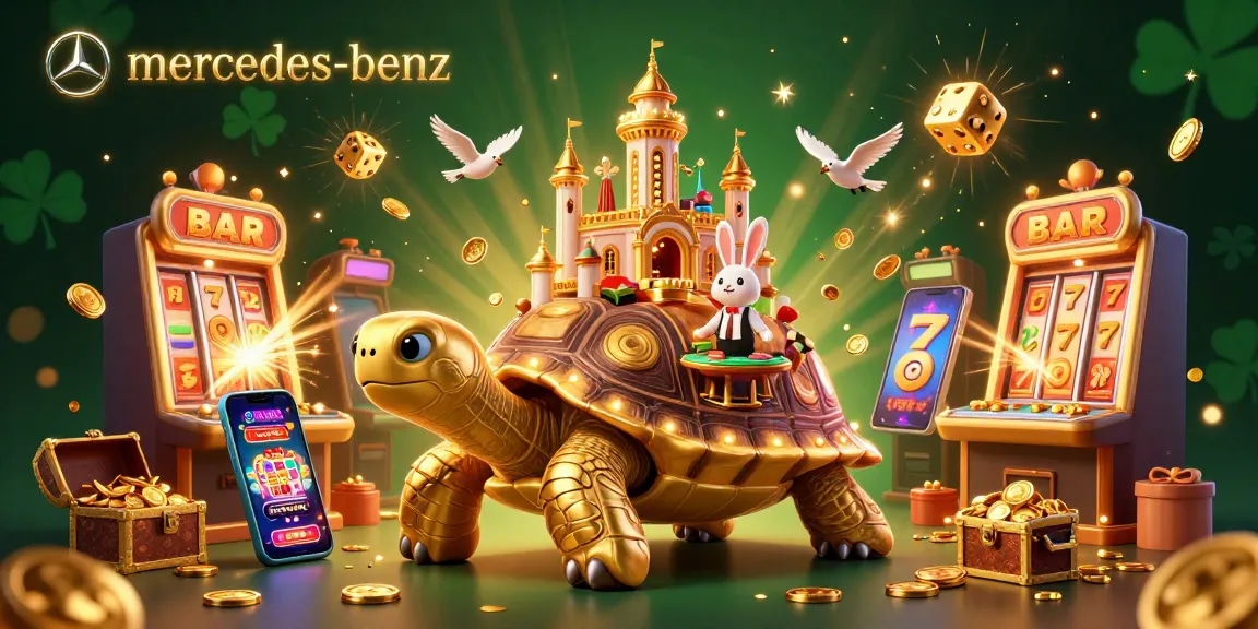 Experience a winning moment with the mercedes-benz themed casino as golden coins fly in a 3D illustration.