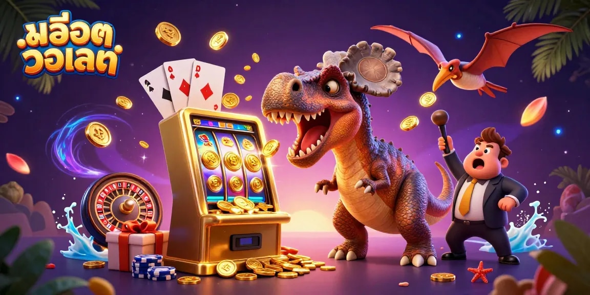 Experience สล็อตวอเลท in action as a pachycephalosaurus triggers jackpot coins from a slot machine amid a vibrant casino scene.