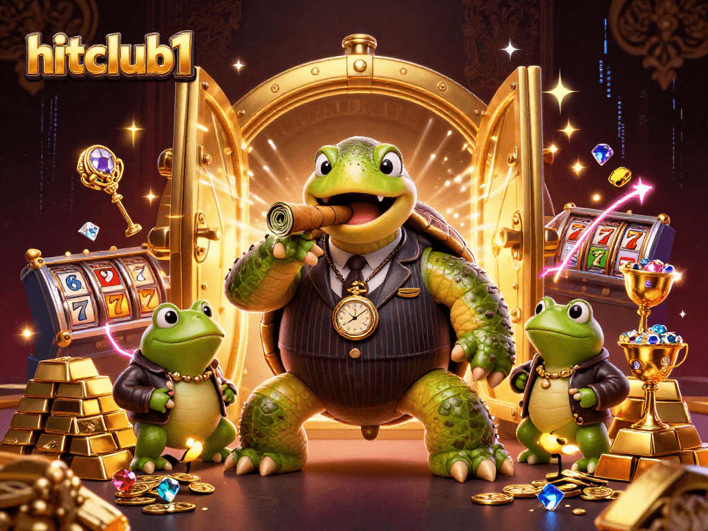 Hitclub1 showcases a vibrant casino scene with a turtle mobster and treasure in 3D art.