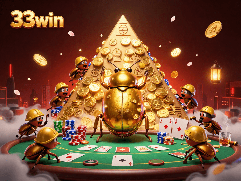 Explore 33win's vibrant 3D casino scene with beetles, poker elements, and dynamic design.