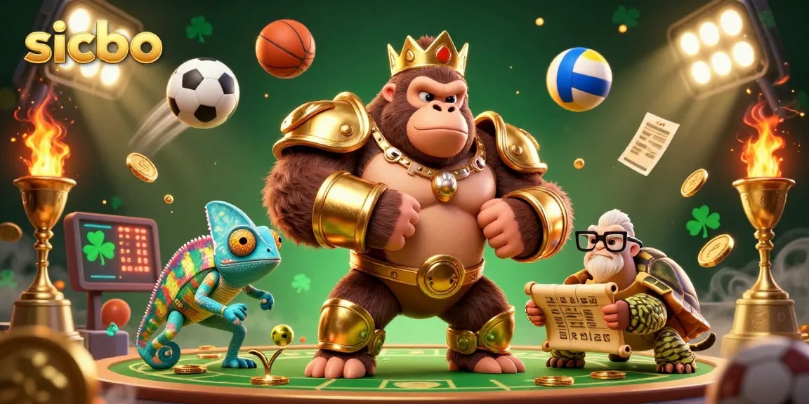 Sicbo game illustration featuring a powerful gorilla king, colorful chameleon, and wise tortoise amidst dynamic sports betting elements