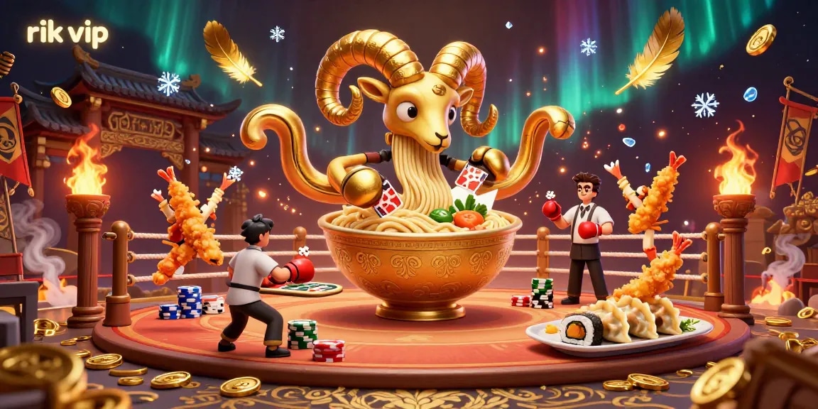 Engage with the vibrant atmosphere of rik vip as a giant ramen bowl deals poker, surrounded by lively cheerleaders and dynamic game elements.