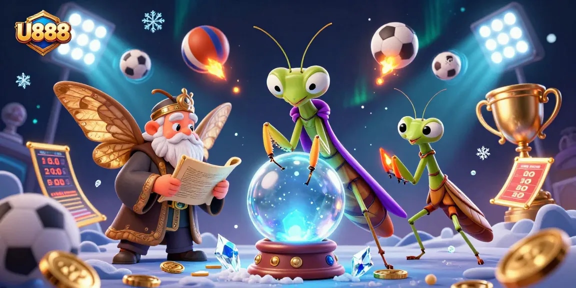 U888 bettors enjoying a vibrant 3D casino scene with dynamic sports elements and mystical characters.