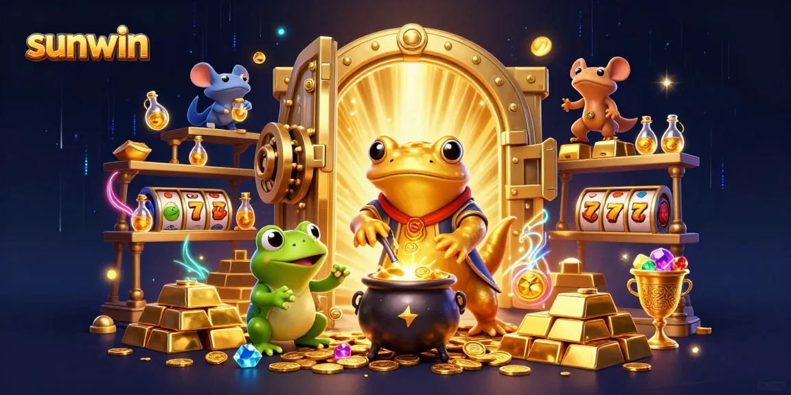 Experience the excitement at sunwin with golden treasures and lively casino elements in an illustrated scene.