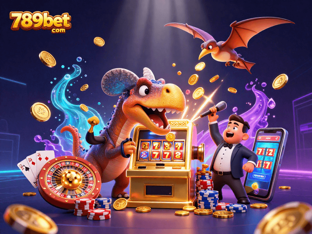Play slots at 789bet com while a pachycephalosaurus bumps a jackpot machine, winning coins!