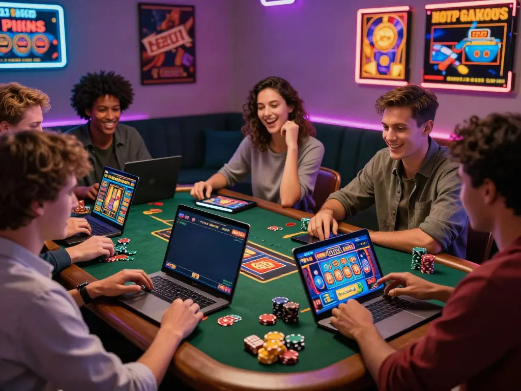 Diverse friends enjoying a game night engaged with non gamstop casinos online, vibrant atmosphere with neon lights and gaming accessories.