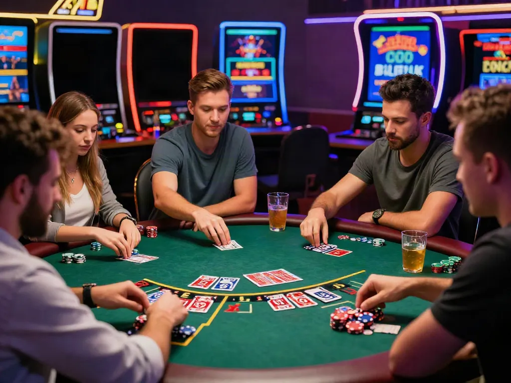 Exciting atmosphere at non GamStop casinos with players engaging at a lively blackjack table.