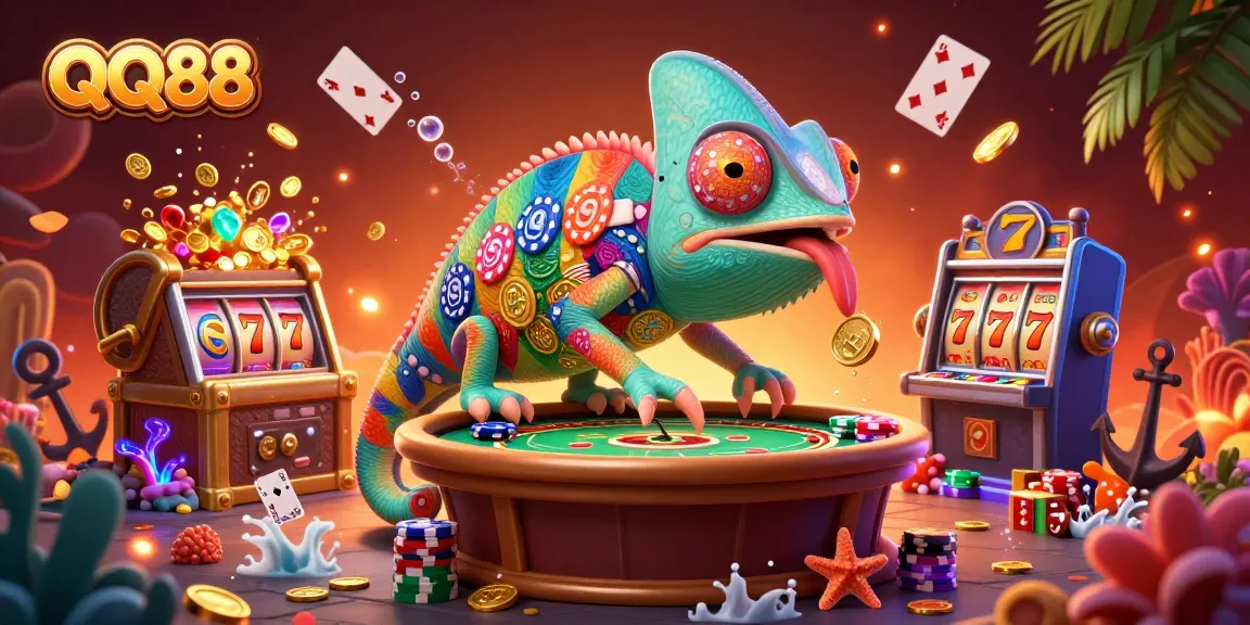 Engage in epic wins with QQ88 at an ultra-detailed casino adventure scene featuring a chameleon casino owner.