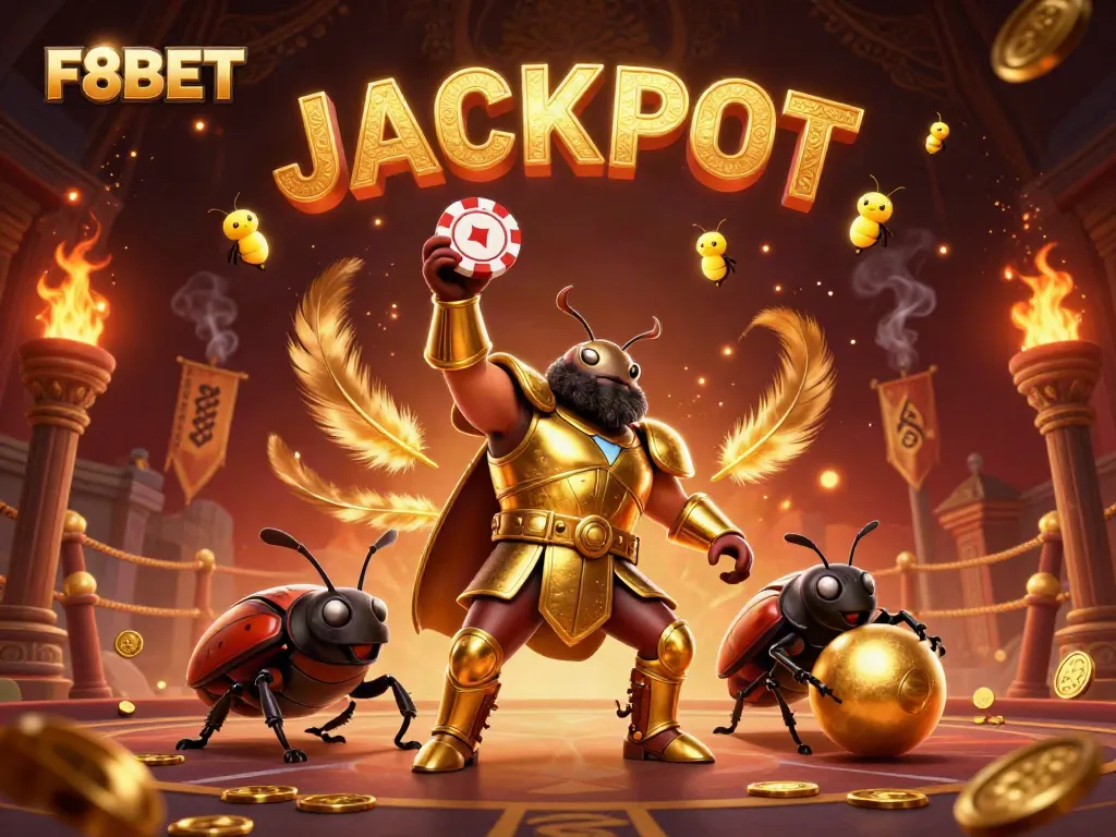 Experience thrilling moments with F8BET in a vibrant 3D casino adventure featuring a victorious beetle character.