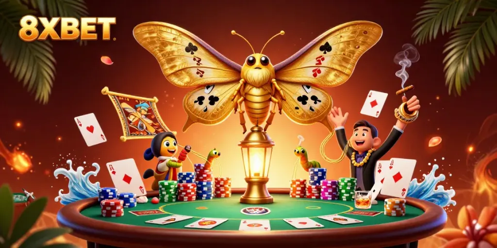 Engage with 8XBET by playing poker, featuring an atlas moth and vibrant casino scenes.