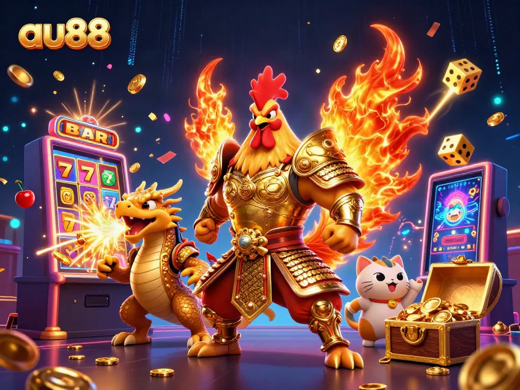 Engage in exciting gaming with au88, featuring a dynamic illustration of a rooster warrior, dragon hatchling, and casino elements.