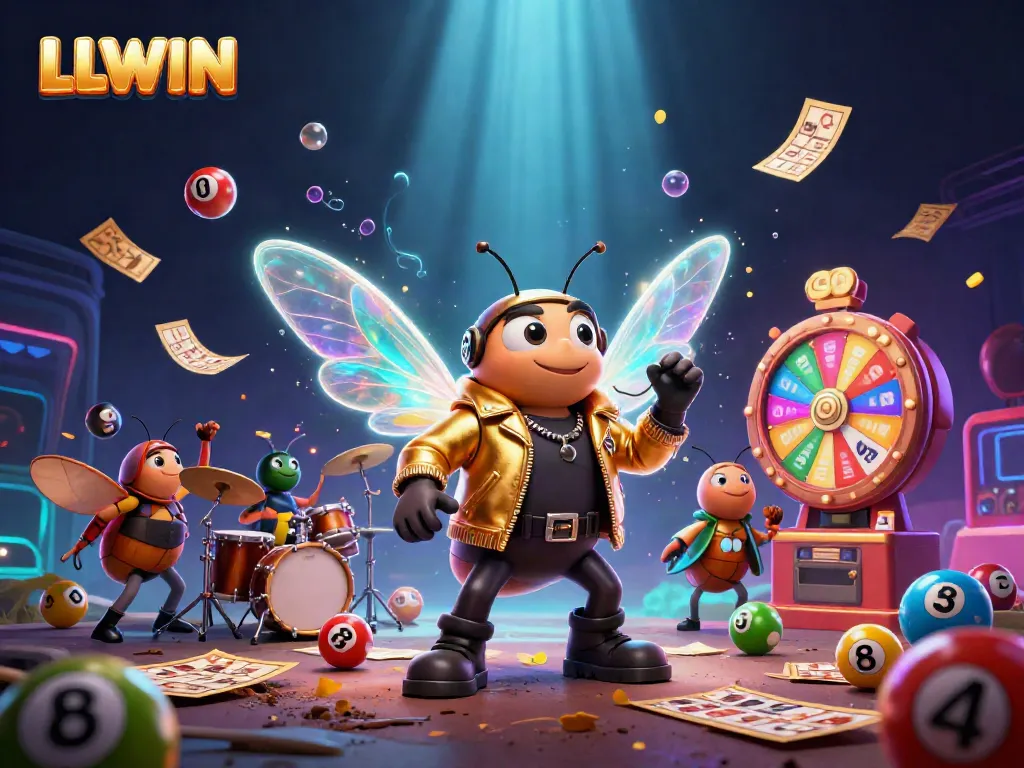 Play and win with LLWIN as the 3D cartoon cicada rock star leads a dynamic gaming scene.