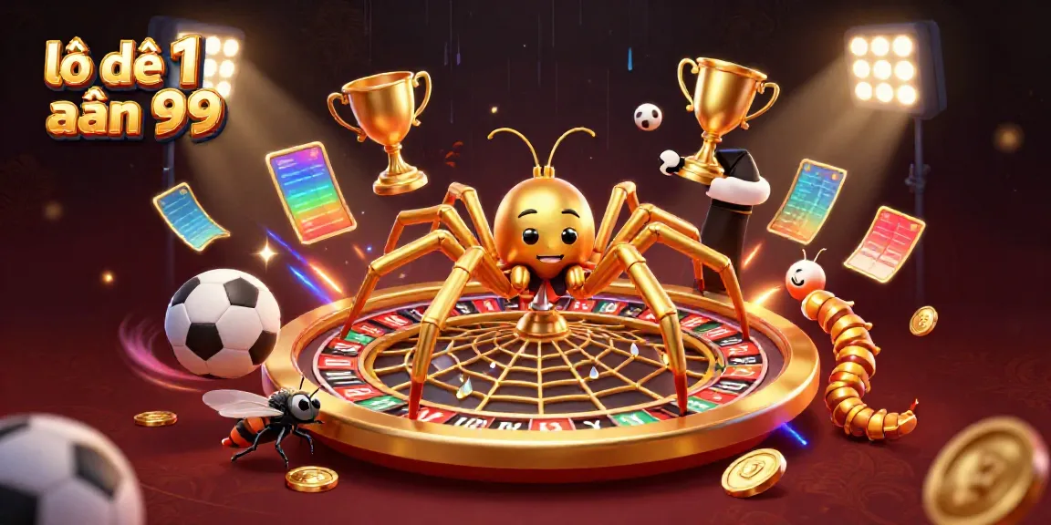 Engaging scene illustrating lô đề 1 ăn 99 with a golden spider web roulette wheel, dynamic sports elements, and vibrant casino atmosphere.