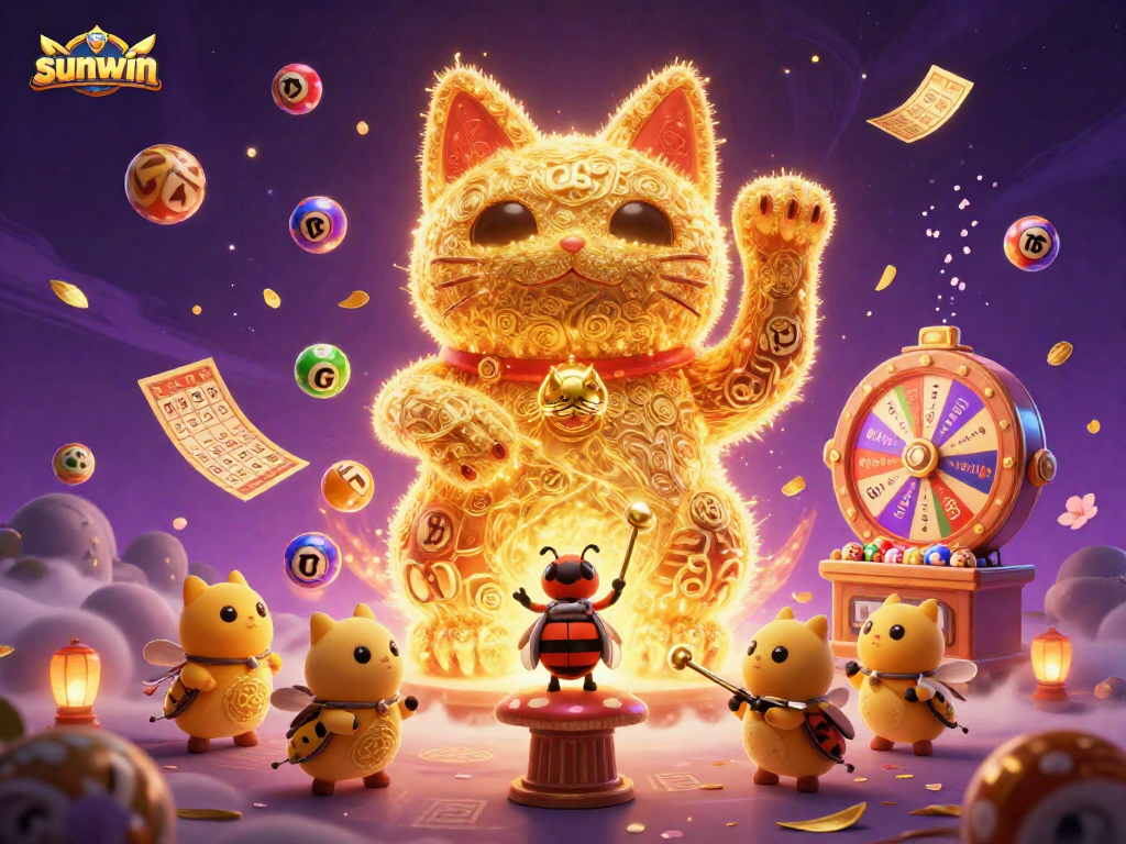Engage with sunwin's vibrant lucky cat illustration surrounded by bouncing lottery elements and golden symbols.