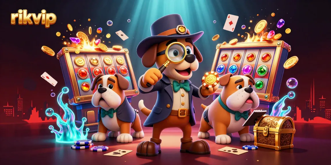 Engage in thrilling slots action with rikvip as a cartoon detective discovers poker chip treasures.