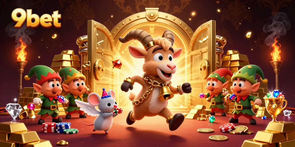Experience vibrant gameplay at 9bet with festive characters and casino excitement in this immersive illustration.