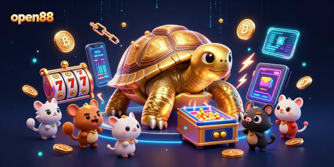 Win big at open88 with an exciting 3D illustration of a colossal pinball tortoise in a vibrant casino scene.