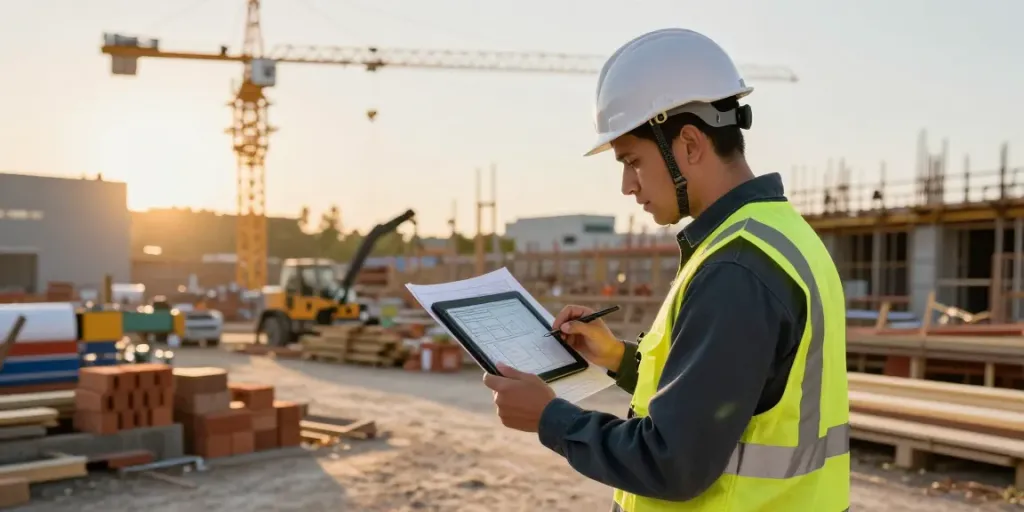 Quantity surveying services review on a construction site with a professional estimator analysing plans