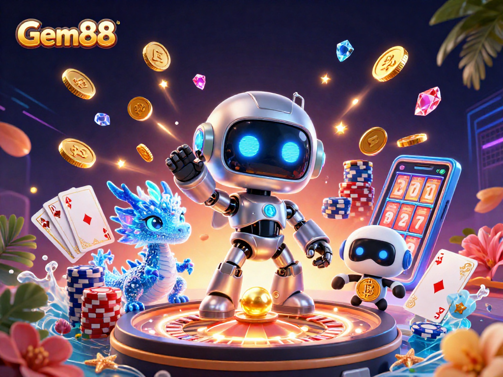 Experience the thrill of Gem88 gaming with vibrant characters amidst dynamic casino elements.