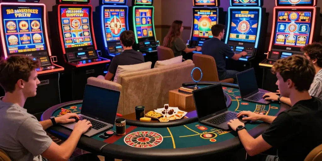 Players enjoying non gamstop casinos on laptops and smartphones in a cozy gaming environment