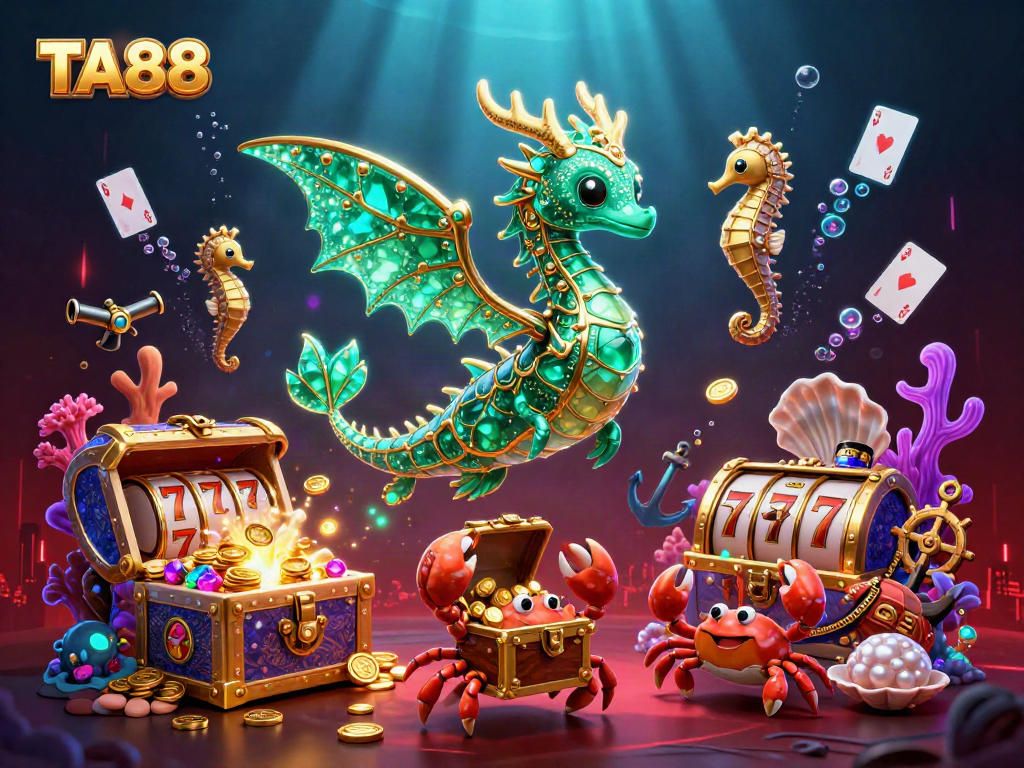 TA88 offers exciting online gaming, featuring an emerald sea dragon, slot reels, and treasure scattered underwater.