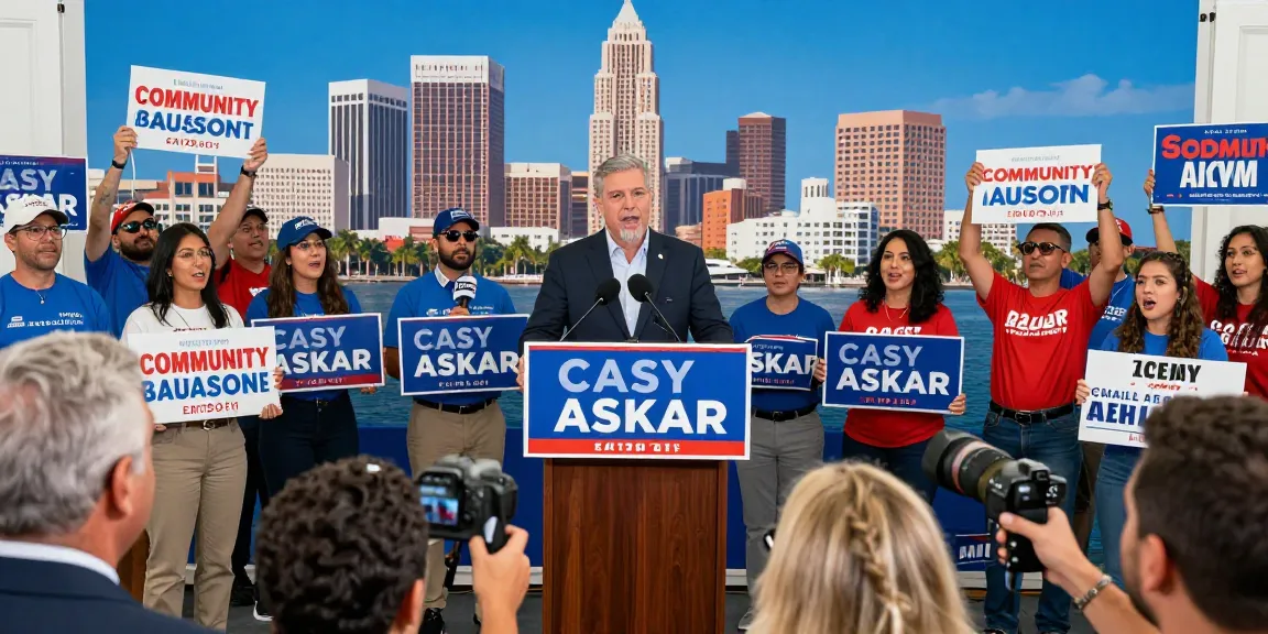 Casey Askar at a press conference with supporters in Florida, showcasing political ambition and community engagement.