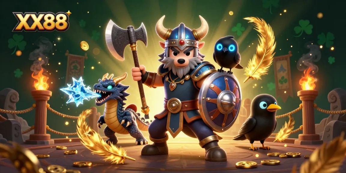 Engage in thrilling gaming at XX88, featuring a Viking warrior, fierce dragon, and sparkling casino effects.