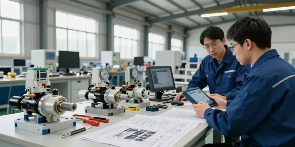 Mechanical vacuum switch models displayed in an industrial workspace, highlighting precision and engineering.