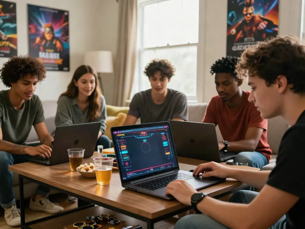 Friends enjoying a non gamstop casinos gaming session in a cozy living room.