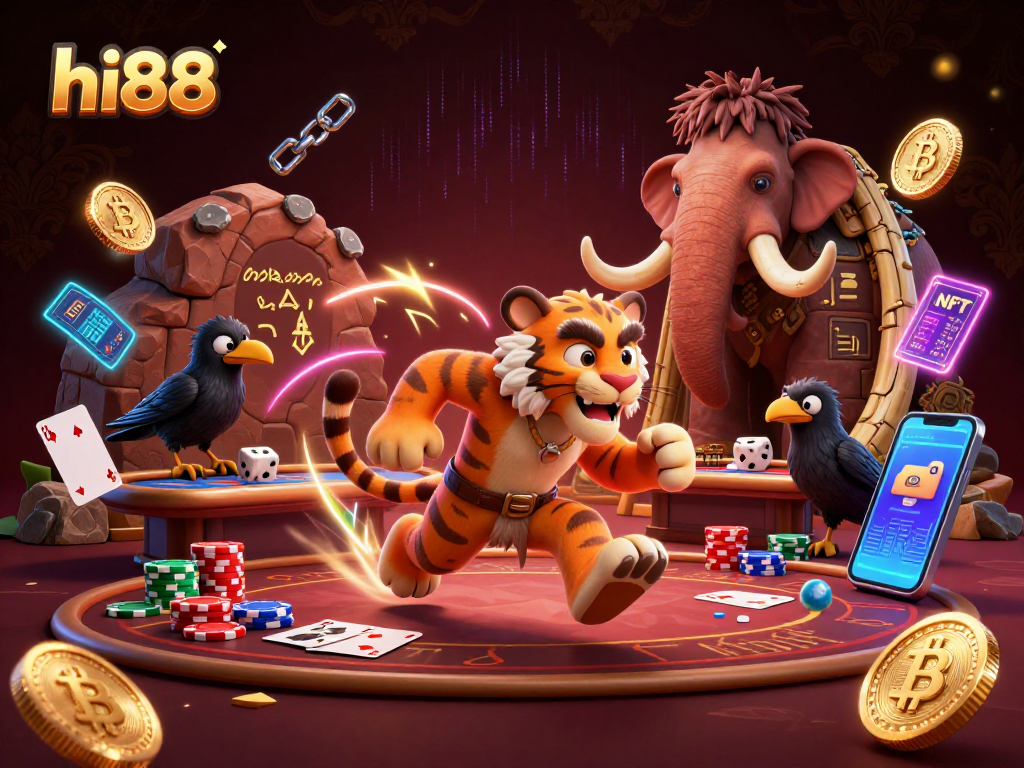 hi88 casino scene with a caveman and tiger alongside a smart crow, blending crypto elements