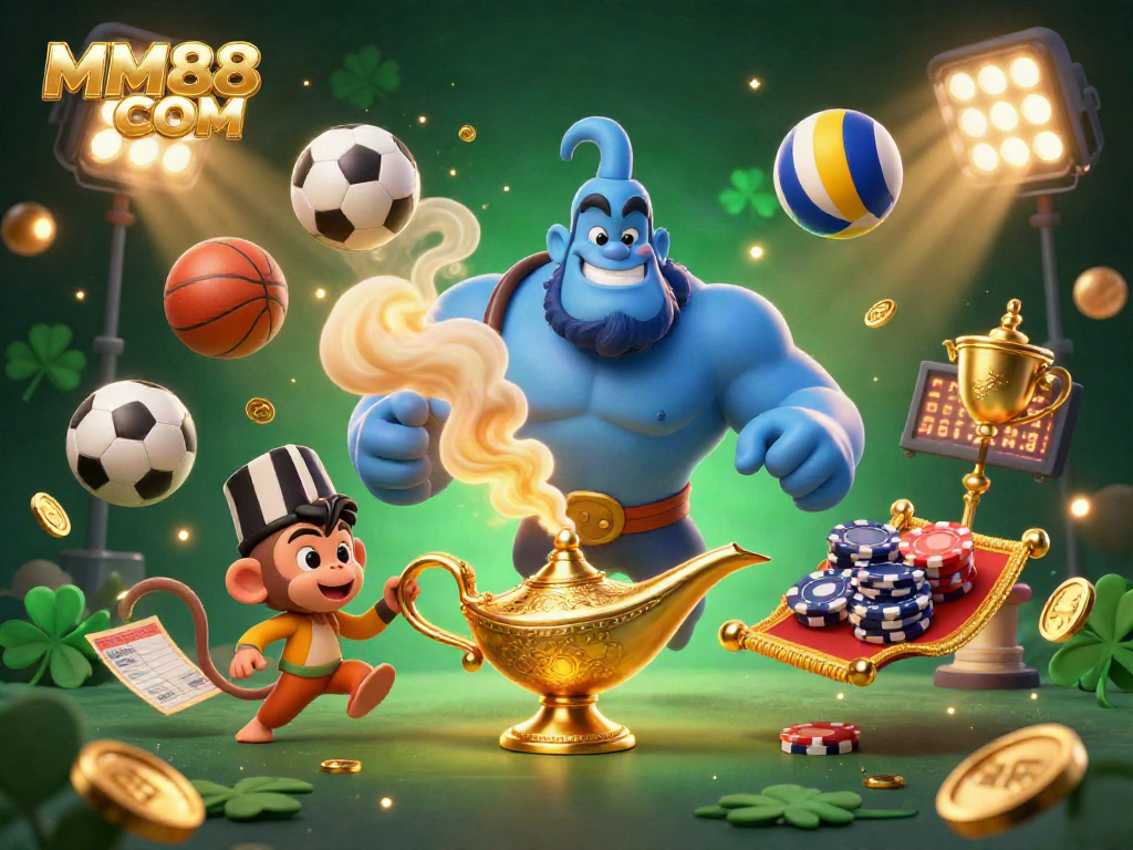 Engage with MM88 COM through an energetic 3D casino scene featuring a genie and sports elements.