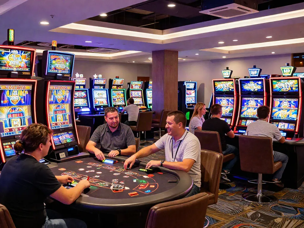 Engaging scene of players enjoying their time at vibrant non GamStop casinos with lively gaming atmosphere.