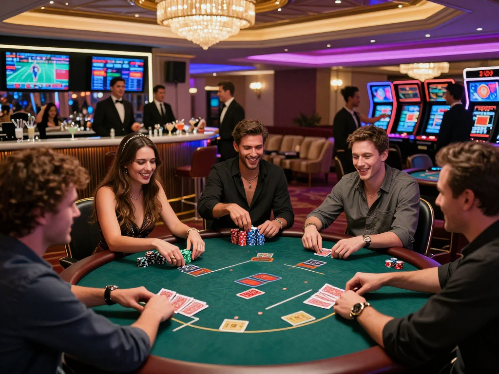 Group of friends enjoying a game at KOMBET168 poker table in a lively casino setting, vibrant atmosphere.
