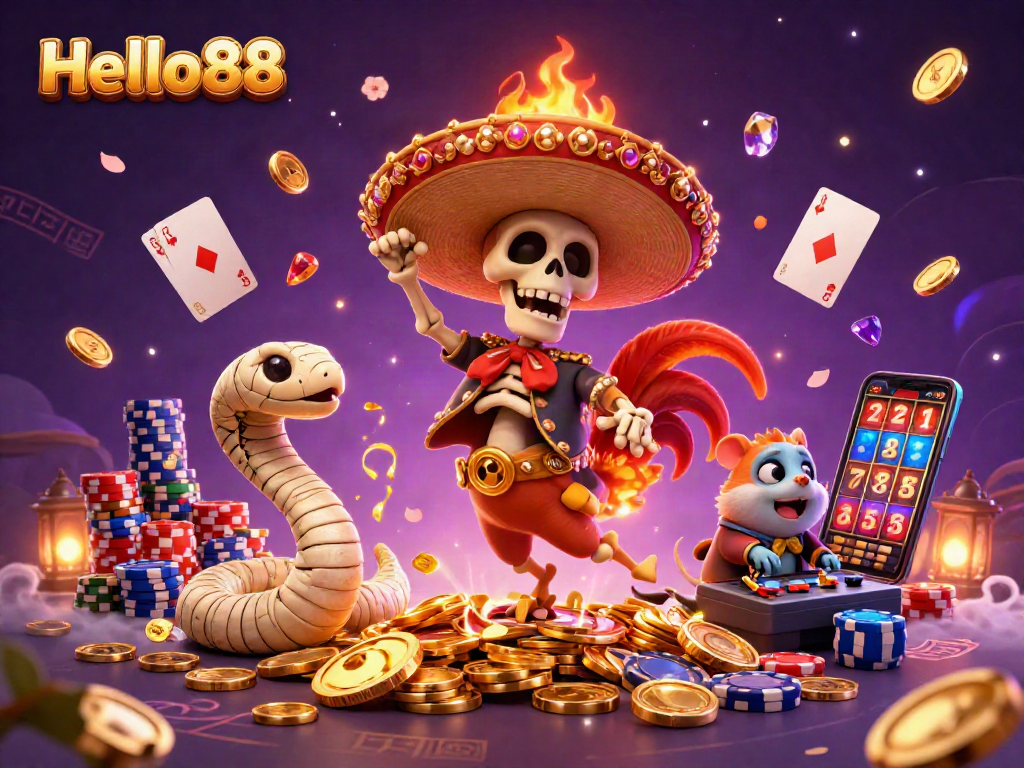 Win big with Hello88 as a lively mariachi rooster and friends celebrate on a golden coins pile.
