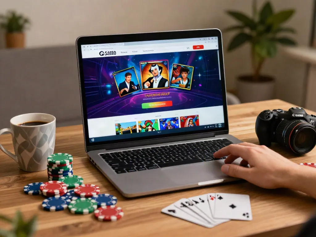 Engaging scene showcasing online casino gaming with vibrant elements and a warm atmosphere for non GamStop casinos.