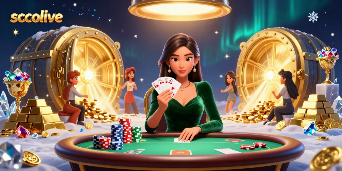 Socolive delivers an exhilarating poker experience featuring a focused woman surrounded by treasures and dynamic elements.