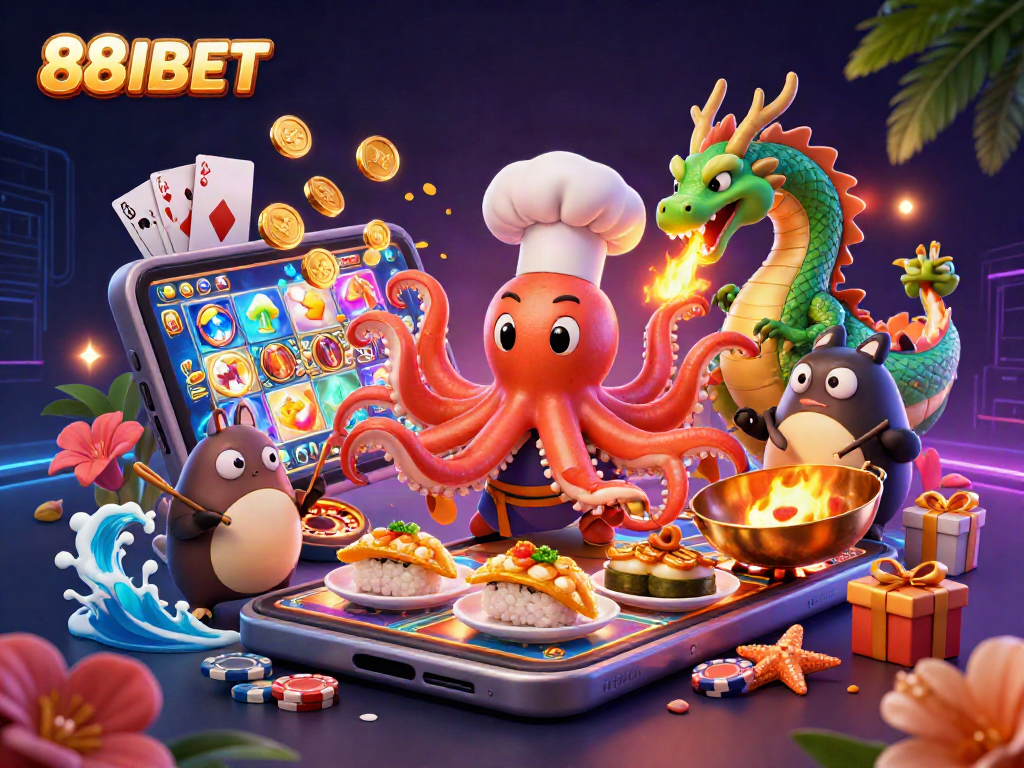 Experience thrilling 88IBET action with a lively casino scene featuring dynamic characters and games.