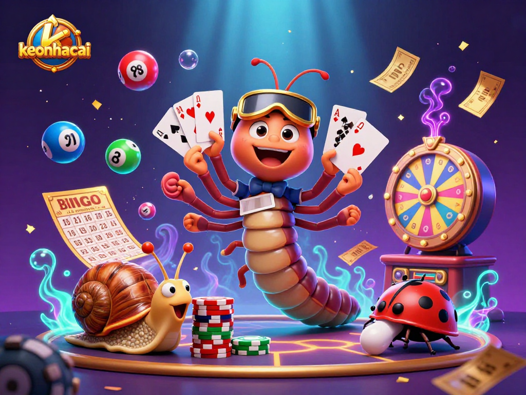 Experience keonhacai excitement with a vibrant 3D casino illustration featuring unique characters and dynamic game elements.